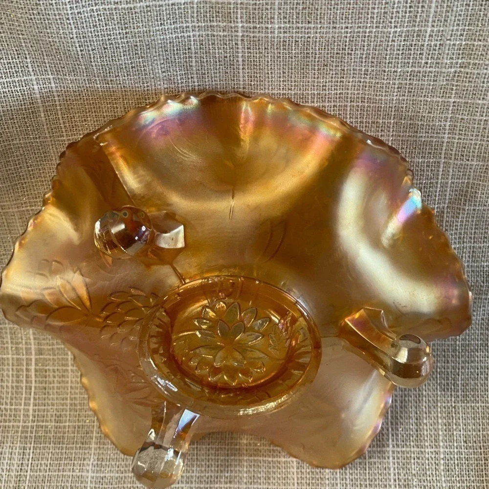 Antique Dugan Marigold Carnival Glass Garden Path Footed Ruffled Bowl